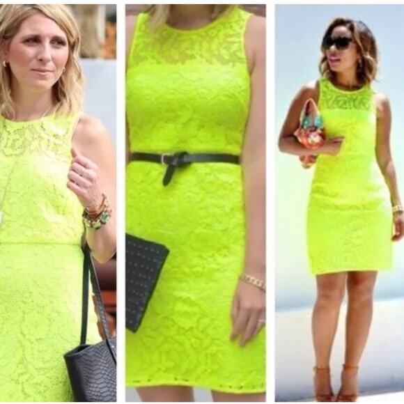 J Crew Collection Neon Yellow Full Lace Cocktail Shift Dress Size 6 - Picture 2 of 12